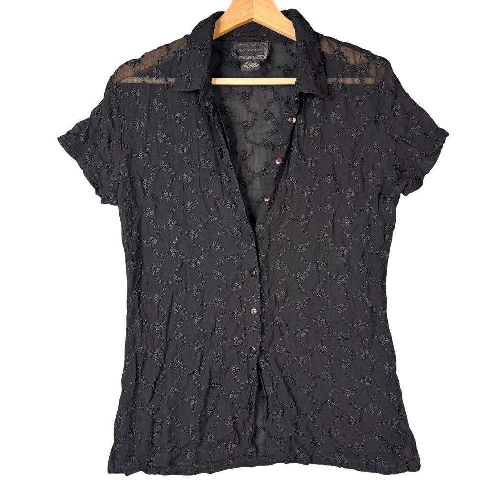 April Cornell Black Sheer Crinkle Floral Embroidered Button Up Blouse Small